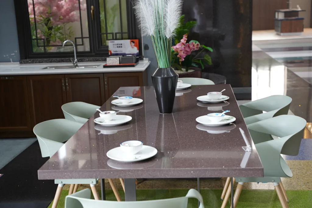 quartz stone dinner table and kitchen island