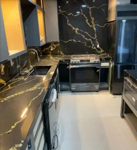Quartz Stone Calacatta 6719 Black Gold Kitchen Countertops Affect